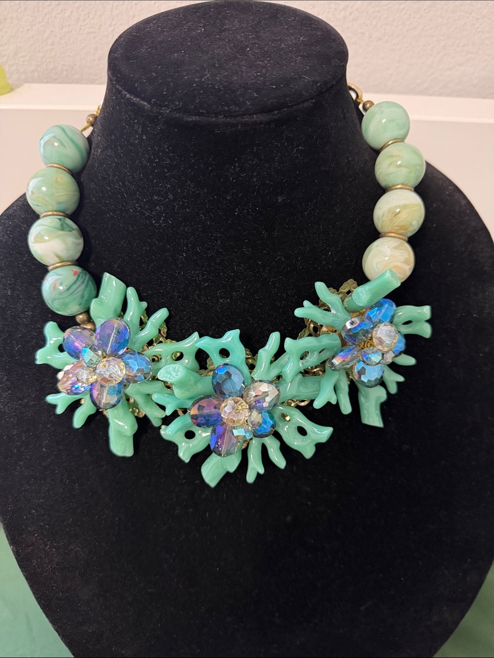 Mint Green Statement Necklace with Iridescent Flower Accents